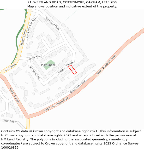 21, WESTLAND ROAD, COTTESMORE, OAKHAM, LE15 7DS: Location map and indicative extent of plot