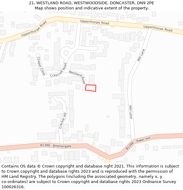 21, WESTLAND ROAD, WESTWOODSIDE, DONCASTER, DN9 2PE: Location map and indicative extent of plot