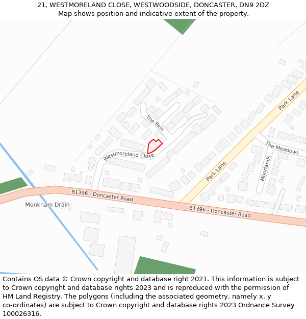 21, WESTMORELAND CLOSE, WESTWOODSIDE, DONCASTER, DN9 2DZ: Location map and indicative extent of plot