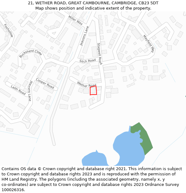 21, WETHER ROAD, GREAT CAMBOURNE, CAMBRIDGE, CB23 5DT: Location map and indicative extent of plot