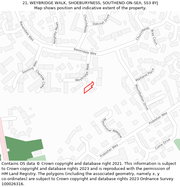 21, WEYBRIDGE WALK, SHOEBURYNESS, SOUTHEND-ON-SEA, SS3 8YJ: Location map and indicative extent of plot