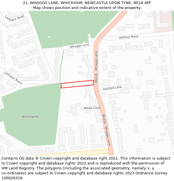 21, WHAGGS LANE, WHICKHAM, NEWCASTLE UPON TYNE, NE16 4PF: Location map and indicative extent of plot