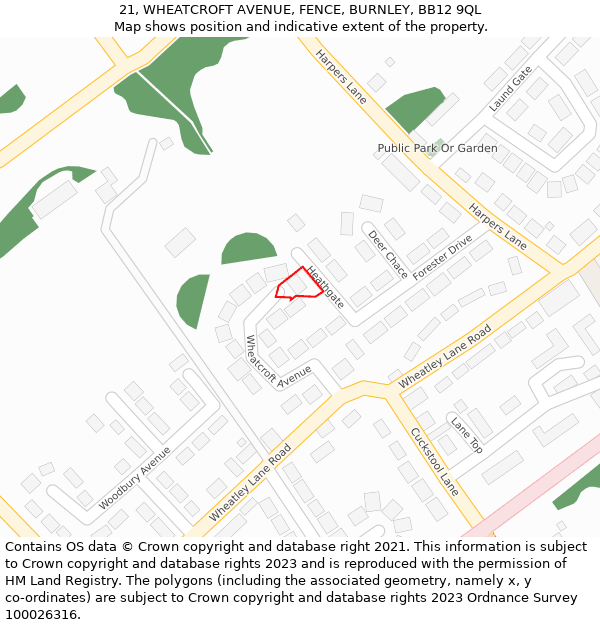21, WHEATCROFT AVENUE, FENCE, BURNLEY, BB12 9QL: Location map and indicative extent of plot