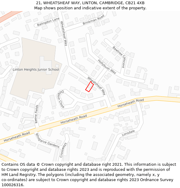 21, WHEATSHEAF WAY, LINTON, CAMBRIDGE, CB21 4XB: Location map and indicative extent of plot