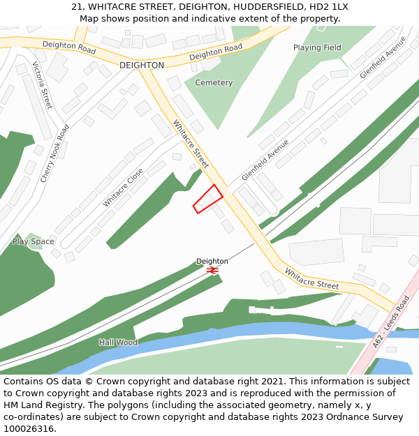21, WHITACRE STREET, DEIGHTON, HUDDERSFIELD, HD2 1LX: Location map and indicative extent of plot