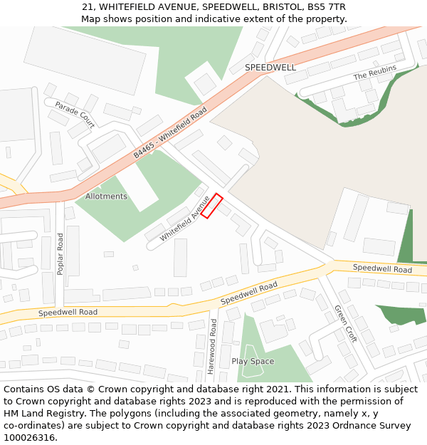 21, WHITEFIELD AVENUE, SPEEDWELL, BRISTOL, BS5 7TR: Location map and indicative extent of plot