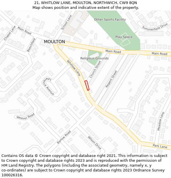 21, WHITLOW LANE, MOULTON, NORTHWICH, CW9 8QN: Location map and indicative extent of plot