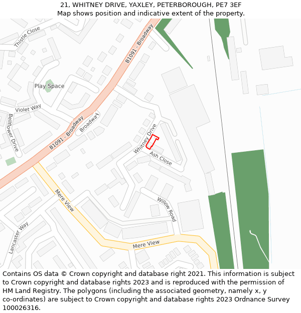 21, WHITNEY DRIVE, YAXLEY, PETERBOROUGH, PE7 3EF: Location map and indicative extent of plot