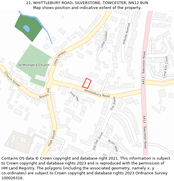 21, WHITTLEBURY ROAD, SILVERSTONE, TOWCESTER, NN12 8UN: Location map and indicative extent of plot