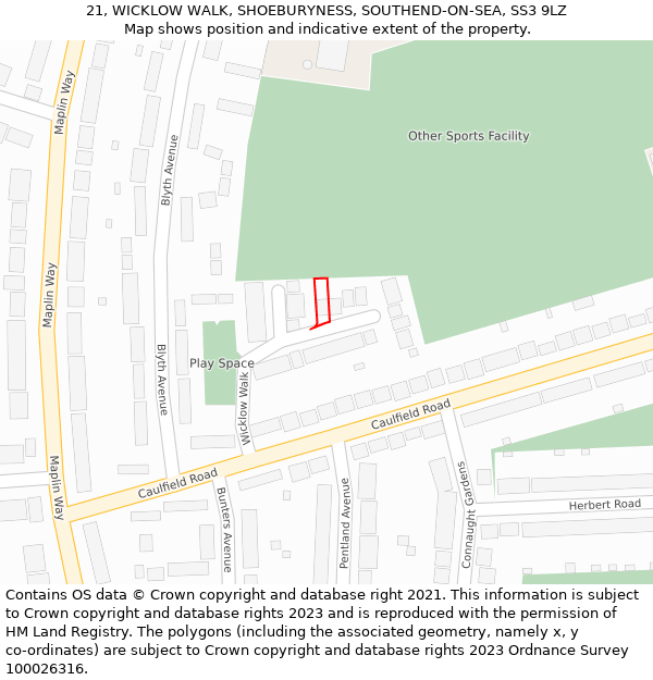 21, WICKLOW WALK, SHOEBURYNESS, SOUTHEND-ON-SEA, SS3 9LZ: Location map and indicative extent of plot