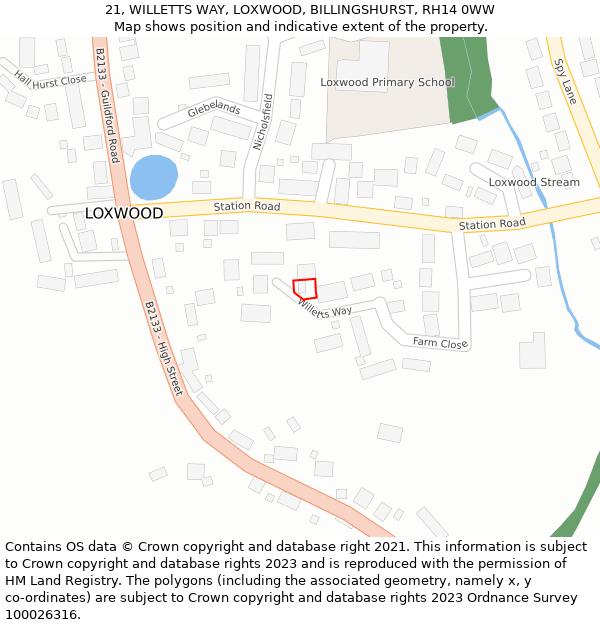 21, WILLETTS WAY, LOXWOOD, BILLINGSHURST, RH14 0WW: Location map and indicative extent of plot