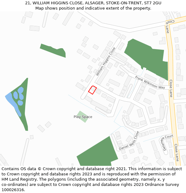 21, WILLIAM HIGGINS CLOSE, ALSAGER, STOKE-ON-TRENT, ST7 2GU: Location map and indicative extent of plot