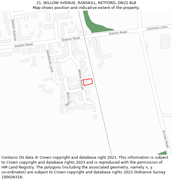 21, WILLOW AVENUE, RANSKILL, RETFORD, DN22 8LB: Location map and indicative extent of plot