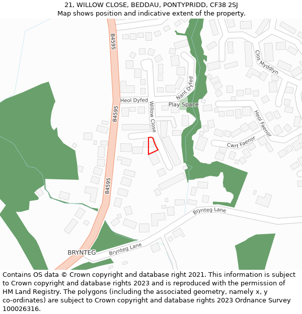 21, WILLOW CLOSE, BEDDAU, PONTYPRIDD, CF38 2SJ: Location map and indicative extent of plot