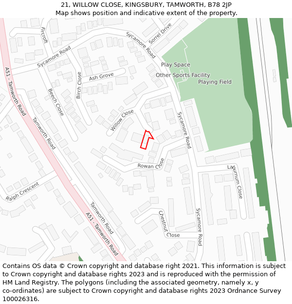 21, WILLOW CLOSE, KINGSBURY, TAMWORTH, B78 2JP: Location map and indicative extent of plot