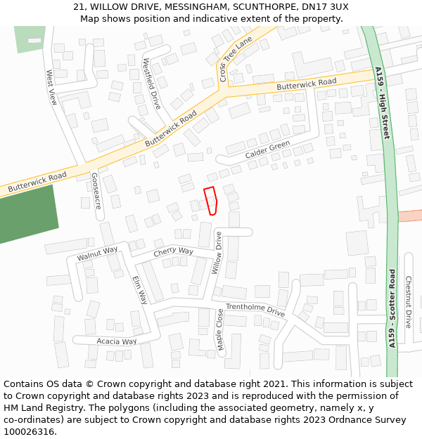 21, WILLOW DRIVE, MESSINGHAM, SCUNTHORPE, DN17 3UX: Location map and indicative extent of plot