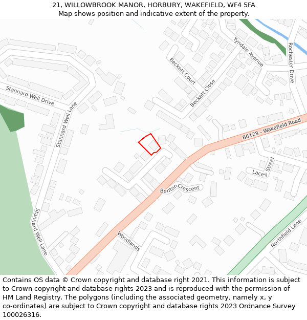 21, WILLOWBROOK MANOR, HORBURY, WAKEFIELD, WF4 5FA: Location map and indicative extent of plot