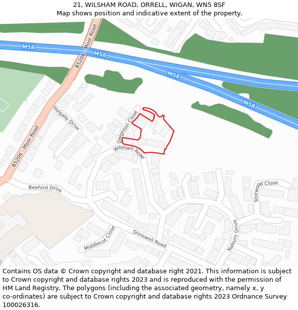 21, WILSHAM ROAD, ORRELL, WIGAN, WN5 8SF: Location map and indicative extent of plot