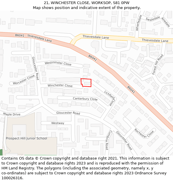 21, WINCHESTER CLOSE, WORKSOP, S81 0PW: Location map and indicative extent of plot