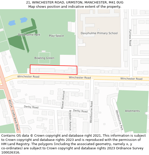 21, WINCHESTER ROAD, URMSTON, MANCHESTER, M41 0UG: Location map and indicative extent of plot