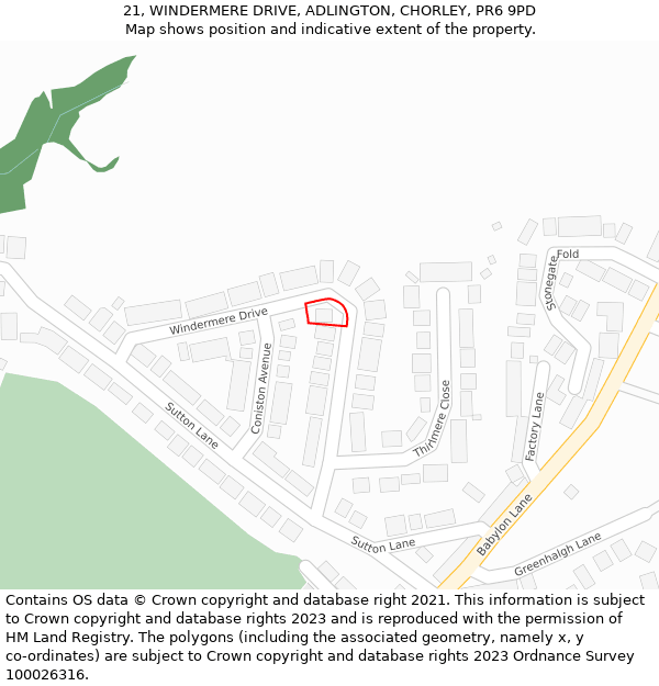 21, WINDERMERE DRIVE, ADLINGTON, CHORLEY, PR6 9PD: Location map and indicative extent of plot