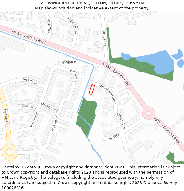 21, WINDERMERE DRIVE, HILTON, DERBY, DE65 5LN: Location map and indicative extent of plot