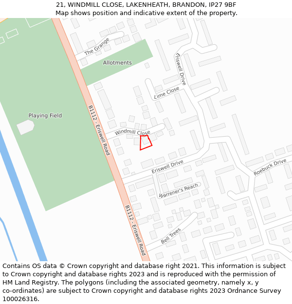 21, WINDMILL CLOSE, LAKENHEATH, BRANDON, IP27 9BF: Location map and indicative extent of plot