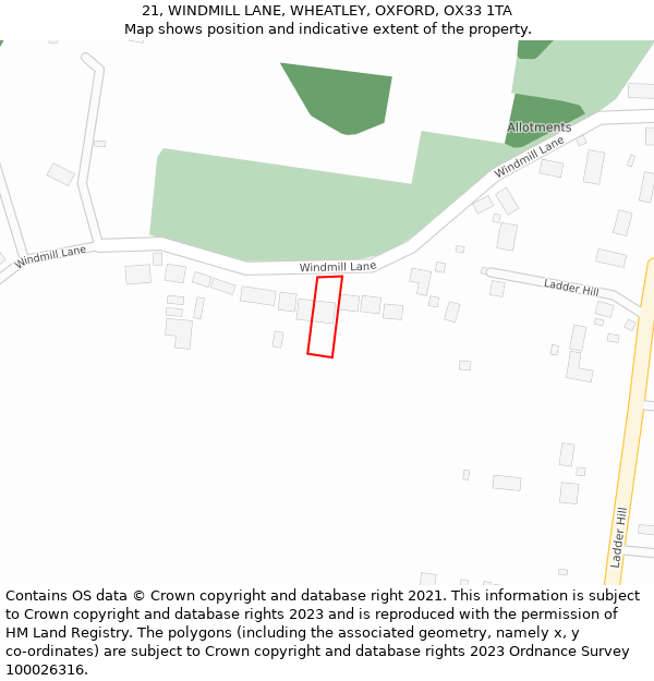 21, WINDMILL LANE, WHEATLEY, OXFORD, OX33 1TA: Location map and indicative extent of plot