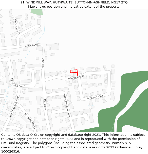 21, WINDMILL WAY, HUTHWAITE, SUTTON-IN-ASHFIELD, NG17 2TQ: Location map and indicative extent of plot