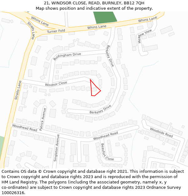 21, WINDSOR CLOSE, READ, BURNLEY, BB12 7QH: Location map and indicative extent of plot