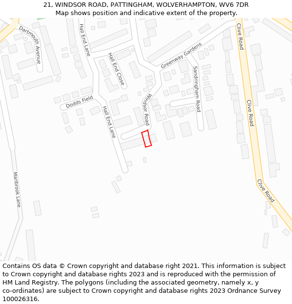 21, WINDSOR ROAD, PATTINGHAM, WOLVERHAMPTON, WV6 7DR: Location map and indicative extent of plot