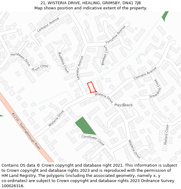 21, WISTERIA DRIVE, HEALING, GRIMSBY, DN41 7JB: Location map and indicative extent of plot