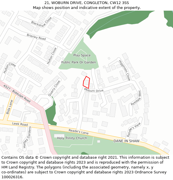 21, WOBURN DRIVE, CONGLETON, CW12 3SS: Location map and indicative extent of plot