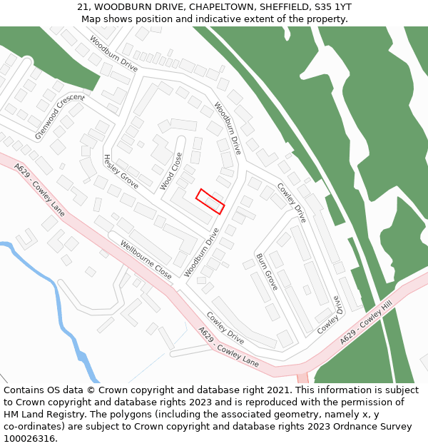 21, WOODBURN DRIVE, CHAPELTOWN, SHEFFIELD, S35 1YT: Location map and indicative extent of plot