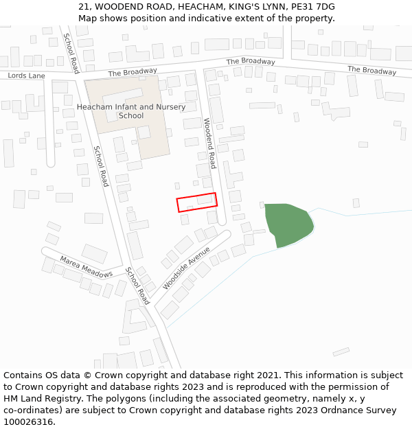 21, WOODEND ROAD, HEACHAM, KING'S LYNN, PE31 7DG: Location map and indicative extent of plot