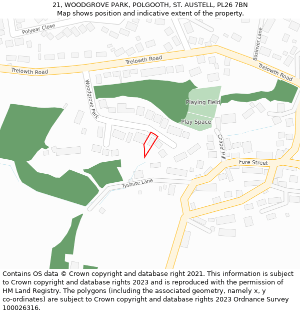 21, WOODGROVE PARK, POLGOOTH, ST. AUSTELL, PL26 7BN: Location map and indicative extent of plot