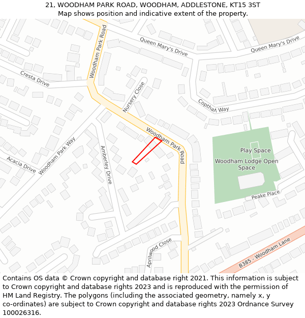 21, WOODHAM PARK ROAD, WOODHAM, ADDLESTONE, KT15 3ST: Location map and indicative extent of plot