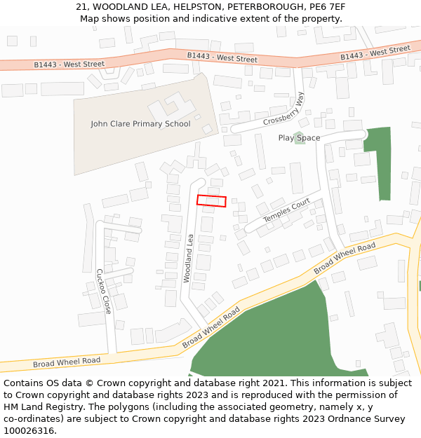 21, WOODLAND LEA, HELPSTON, PETERBOROUGH, PE6 7EF: Location map and indicative extent of plot