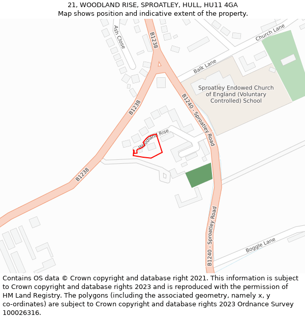 21, WOODLAND RISE, SPROATLEY, HULL, HU11 4GA: Location map and indicative extent of plot