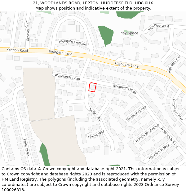 21, WOODLANDS ROAD, LEPTON, HUDDERSFIELD, HD8 0HX: Location map and indicative extent of plot