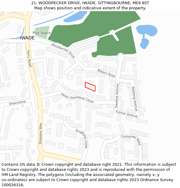 21, WOODPECKER DRIVE, IWADE, SITTINGBOURNE, ME9 8ST: Location map and indicative extent of plot