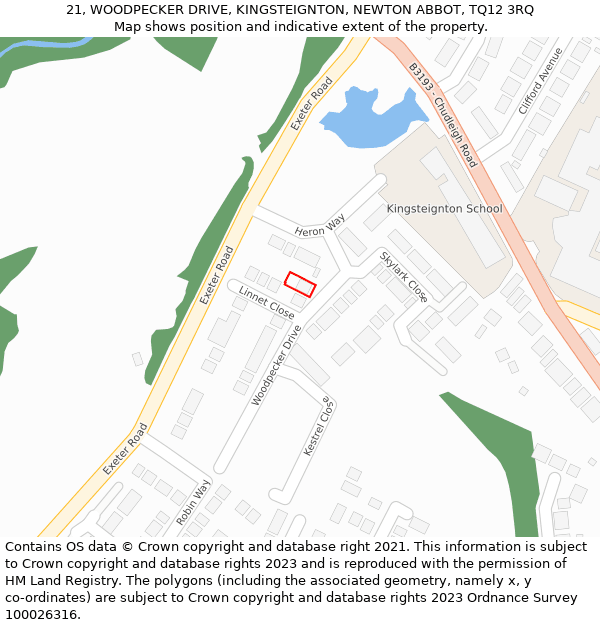 21, WOODPECKER DRIVE, KINGSTEIGNTON, NEWTON ABBOT, TQ12 3RQ: Location map and indicative extent of plot