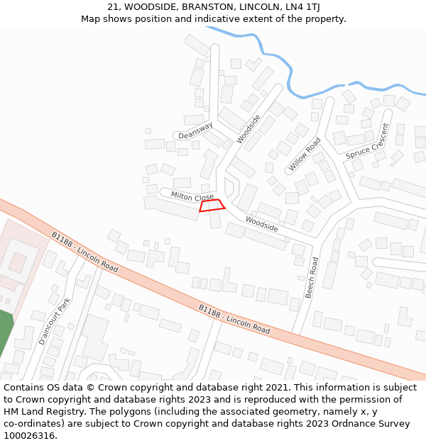 21, WOODSIDE, BRANSTON, LINCOLN, LN4 1TJ: Location map and indicative extent of plot