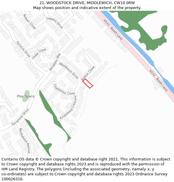 21, WOODSTOCK DRIVE, MIDDLEWICH, CW10 0RW: Location map and indicative extent of plot