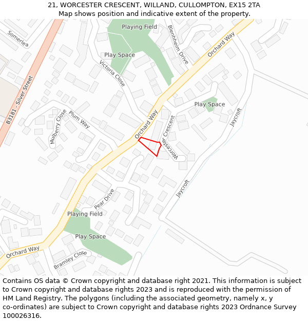 21, WORCESTER CRESCENT, WILLAND, CULLOMPTON, EX15 2TA: Location map and indicative extent of plot
