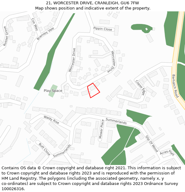 21, WORCESTER DRIVE, CRANLEIGH, GU6 7FW: Location map and indicative extent of plot