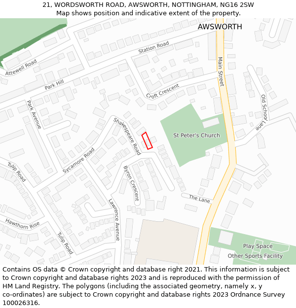 21, WORDSWORTH ROAD, AWSWORTH, NOTTINGHAM, NG16 2SW: Location map and indicative extent of plot