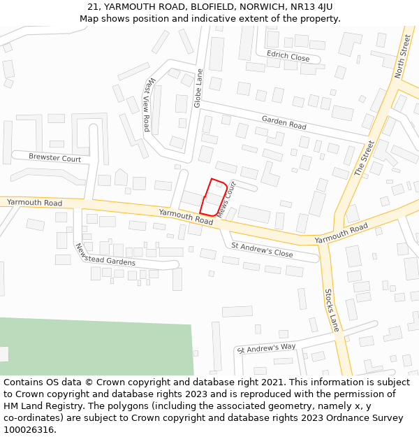 21, YARMOUTH ROAD, BLOFIELD, NORWICH, NR13 4JU: Location map and indicative extent of plot