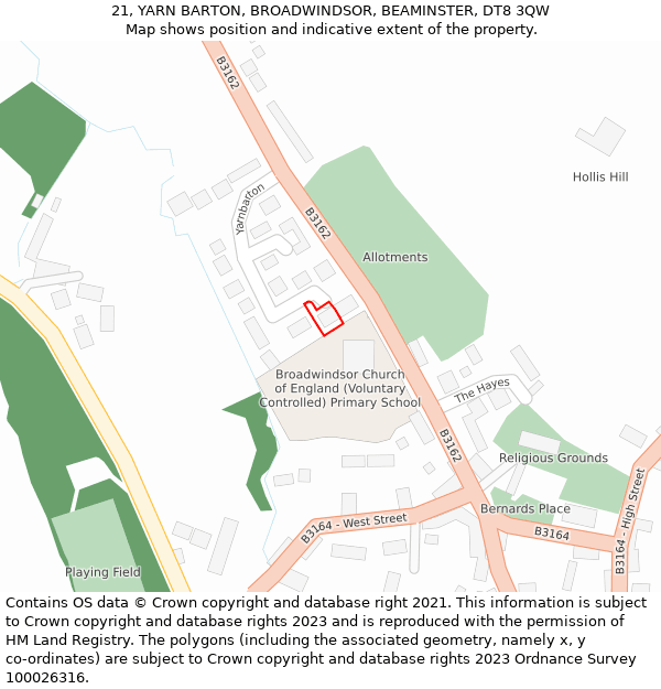 21, YARN BARTON, BROADWINDSOR, BEAMINSTER, DT8 3QW: Location map and indicative extent of plot