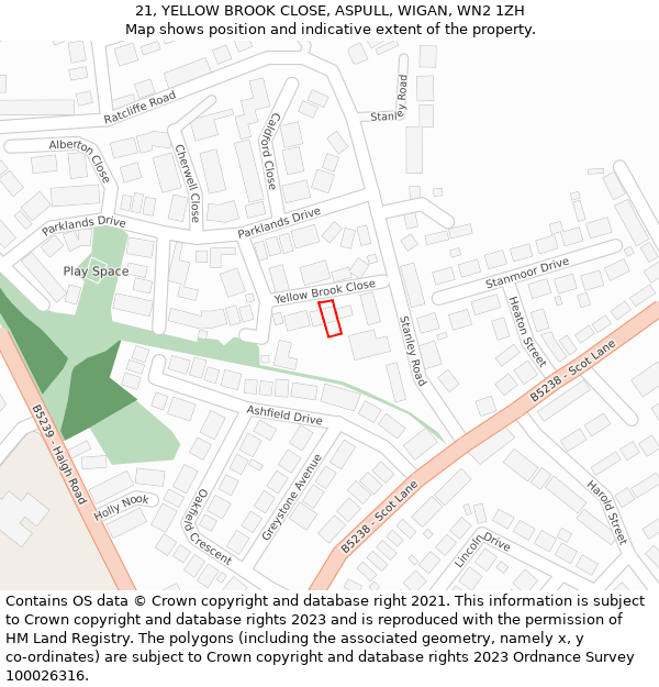 21, YELLOW BROOK CLOSE, ASPULL, WIGAN, WN2 1ZH: Location map and indicative extent of plot